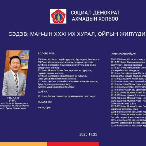 УИХ-ын дарга, МАН-ын дарга Н. Учрал Социал Демократ Ахмадын холбооны гишүүд , дэмжигчидтэй Тусгаар Тогтнолын ордонд уулзалт хийлээ.(2025.11.25)