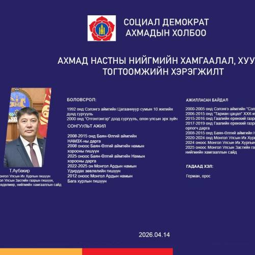 2026 оны 4-р сарын 14-нд Гэр бүл, хөдөлмөр, нийгмийн хамгааллын сайд Т.Аубакир Тусгаар Тогтнолын ордонд ахмад настны нийгмийн хамгаалал, хууль тогтоомжийн хэрэгжилтийн талаар илтгэл тавилаа.